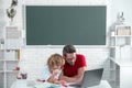 School pupil with teacher learning at laptop computer, studying with online education e-learning. Pupil of primary Royalty Free Stock Photo