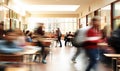 School pupils rushing through the corridors of a modern school, motion blur