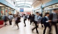School pupils rushing through the corridors of a modern school, motion blur
