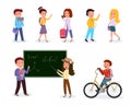 School pupils and teachers illustrations set. Schoolkids, students with backpacks, schoolboys listening music, riding Royalty Free Stock Photo