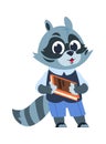 School raccoon character. Animal kid reading textbook, little forest citizen with book. Advertising template for