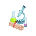 School related items. Microscope, flasks with liquids and rolled paper. Laboratory equipment. Chemistry and biology Royalty Free Stock Photo