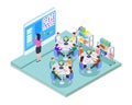 School room. Elementary school class location. Isometric classroom interior. Young students and teacher. Modern training