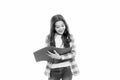 School routine. Educational process. Little girl with writing pad. Cute small school child hold open note pad white Royalty Free Stock Photo