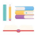 School ruler pencil open textbook and books icons supplies