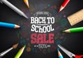 School sale vector banner design. Back to school text in colorful hand drawn education supplies Royalty Free Stock Photo