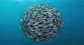 A School of Sardines Forms a Perfect Sphere in the Deep Blue Ocean Royalty Free Stock Photo