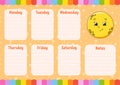 School schedule. Cute moon. Timetable for schoolboys. Empty template. Weekly planer with notes. Isolated color vector illustration