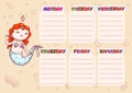 School schedule with days of week for children. Vector printable template with fairytale mermaid princess Royalty Free Stock Photo