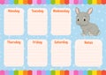 School schedule. Timetable for schoolboys. Empty template. Weekly planer with notes. Isolated color vector illustration. Funny