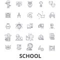 School, school building, education, classroom, pupil, school bus, school teacher line icons. Editable strokes. Flat