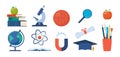 School, science and education icons. Microscope, atom, books, magnet, globe, basketball. Back to school. Vector illustration Royalty Free Stock Photo
