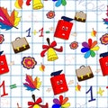 School seamless pattern. Background in the form of the tetrad cells, which are located on school supplies schoolboy: backpack, boo Royalty Free Stock Photo