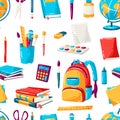 School seamless pattern with education items. Illustration of supplies and stationery background. Royalty Free Stock Photo