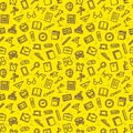 School seamless pattern with line icons on yellow background