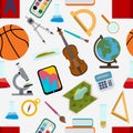 School seamless pattern. Mathematical rulers, calculator, books, microscope, flasks and test tubes, petri dish, violin, ball, map, Royalty Free Stock Photo