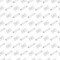 School seamless pattern with stationery. School supplies diagonally on white background. Pencils and sharpeners. Outline icons in