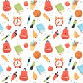 School seamless pattern. Supplies and equipment for learning. Cute vector illustration in flat cartoon style