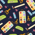 School seamless pattern. Supplies for studying. Cute vector illustration in flat cartoon style on dark background Royalty Free Stock Photo