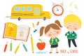 School set: characters and objects. Children in school uniforms with backpacks. School bus, school supplies. Education