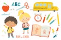 School set. Funny hand drawn characters and objects. Children with backpacks. School bus, school supplies. Education