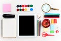 School set with notebooks, pencils, brush, scissors and apple on white background Royalty Free Stock Photo