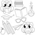 School set with owls. Vector black and white coloring page