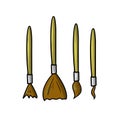 School set of various brushes for drawing with a wooden handle, vector in cartoon
