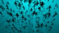 School of sharks swimming in blue water. High dense population . 3d rendering