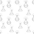 School simple seamless pattern with a flask, beaker, test tube. Chemistry, science, research. Black and white background with Royalty Free Stock Photo