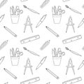 School simple seamless pattern with stationery, office supplies, compasses, ruler, pen, pencil, brush. Black and white background