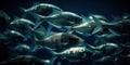 School of small silver fish underwater. Marine life. Generative AI Royalty Free Stock Photo