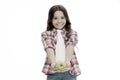 School snack concept. Apple vitamin snack. Girl cute long curly hair holds apple fruit white background. Child girl