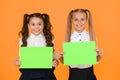 School socialization. Girls school uniform hold poster. Back to school concept. Schoolgirls show poster. Social poster