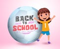 School sports character vector design. Back to school text in soccer ball with female kid student in cheerful, active and standing Royalty Free Stock Photo