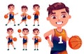 School sports character vector set design. Sporty student boy playing basket ball in jersey activity uniform for male physical.