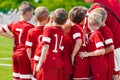 School Sports Team With Coach. Coach Motivational Talk With Young Boys Of Soccer Football Team Before The Final Game Of Youth Soc