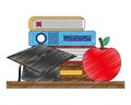 school stack books graduation hat and apple