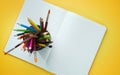 School Stationary in Basket on Opened Book Top View Yellow Background