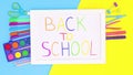 School stationery appear under white frame with back to school title. Stop motion