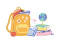 School stationery, backpack, books pile and notebook. Calculator and globe, study bag with book inside. Cartoon Royalty Free Stock Photo