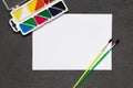 School stationery on black background, colored pencils, pens, pains for school education. Back to school, copy space Royalty Free Stock Photo