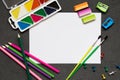 School stationery on black background, colored pencils, pens, pains for school education. Back to school, copy space Royalty Free Stock Photo