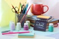 School stationery, books on the table, home schooling concept