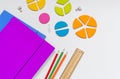 School stationery, fractions, rulers, pencils on white background. Back to school, fun education concept. Set of supplies Royalty Free Stock Photo