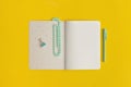 School stationery and notebook on a yellow background. Top view with copy space. Flat lay. Back to school concept Royalty Free Stock Photo