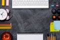 School stationery or office supplies on chalkboard background. Royalty Free Stock Photo