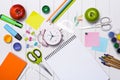 School stationery or office supplies on wood background. Royalty Free Stock Photo