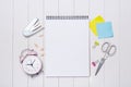 School stationery or office supplies on wood background. Royalty Free Stock Photo