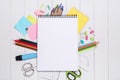 School stationery or office supplies on wood background. Royalty Free Stock Photo